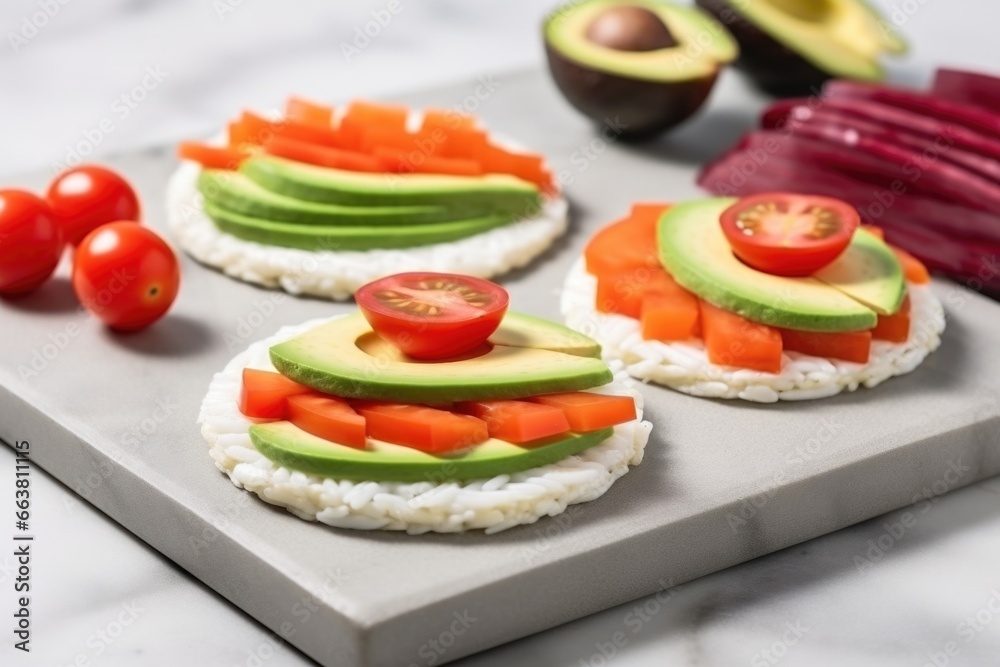 flat-laid rice cakes with sliced avocados and tomatoes on a marble surface