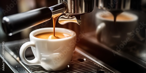 A cup of coffee is poured into a cup using a coffee machine