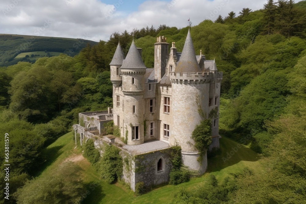Enchanting castle surrounded by picturesque countryside. Generative AI