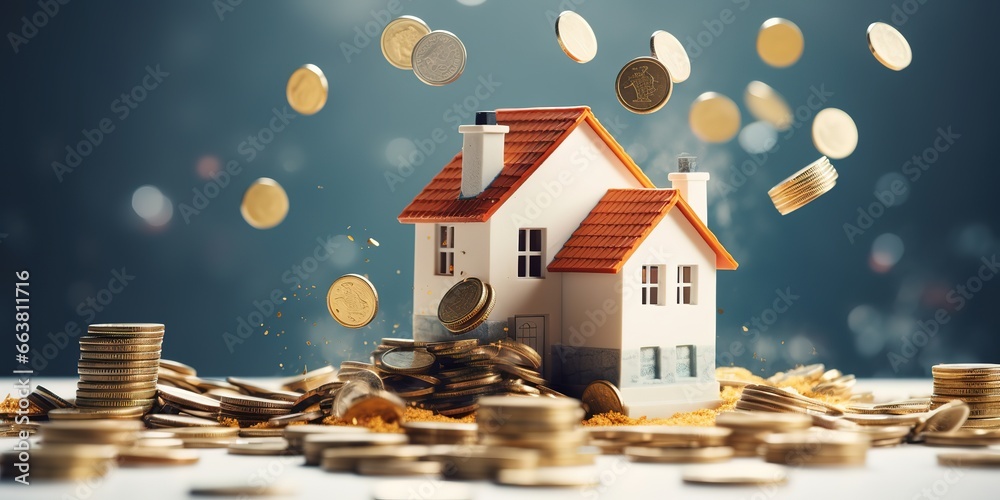a stack of coins and a house symbolizes long-term investment - obrazy, fototapety, plakaty 