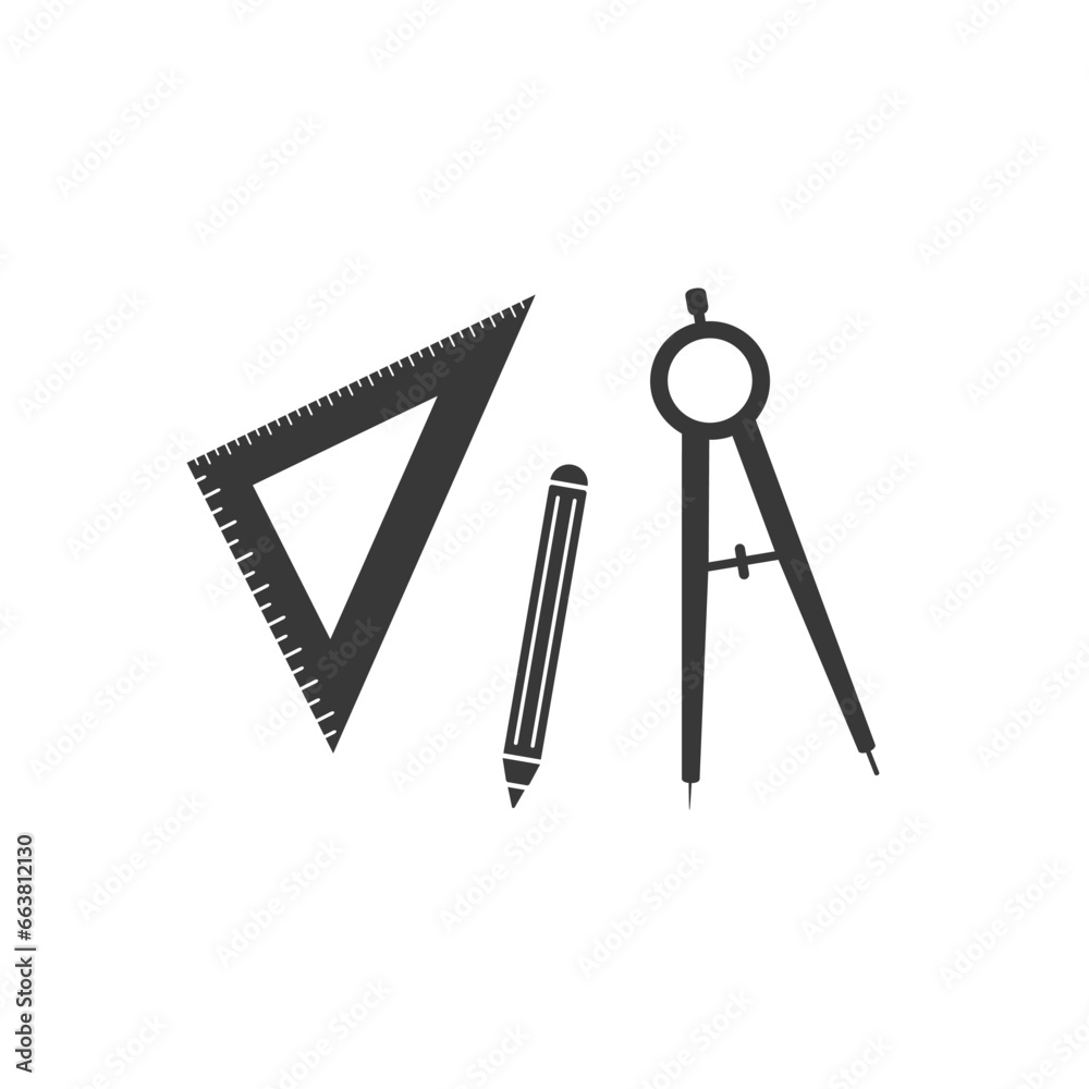 Set of ruler compasses pencil icon in flat style. Vector sign, set for architect Set of ruler compasses pencil icon in flat style. Vector sign, set for architect
