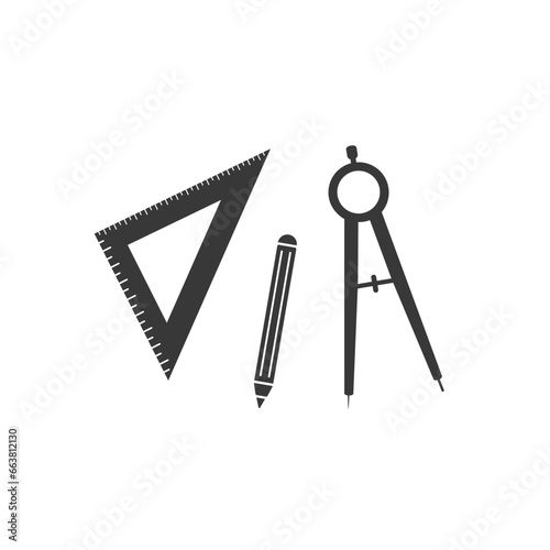 Set of ruler compasses pencil icon in flat style. Vector sign, set for architect