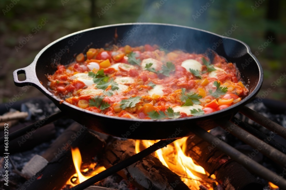 shakshuka being cooked on an outdoor campfire grill