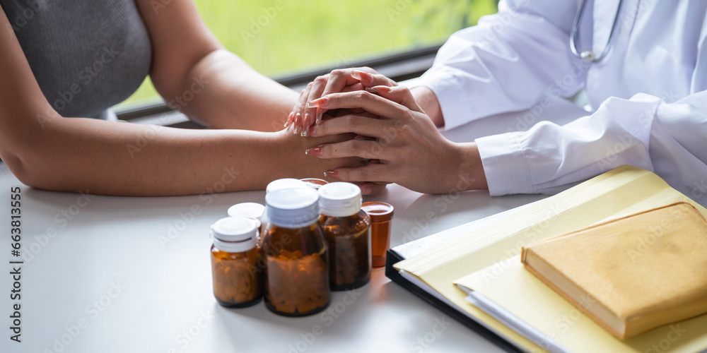 Doctor holding hands and patient empathy, healthcare or medical trust, hope and faith in therapy, healing and rehabilitation in mental health consulting