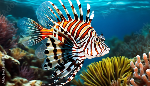 Lionfish, Underwater, colorfull Coral reef, Diver, lots of colorfull big fish, open water.