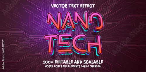 Nano Tech 3d Editable Text Effect Cartoon Style Premium Vector, purple blue cyberpunk