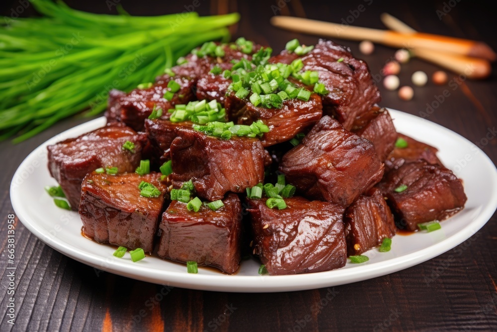 bbq beef ribs garnished with fresh chives on plate