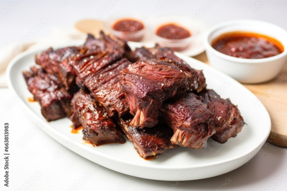 beef ribs set on a white platter, with bbq sauce in a separate bowl