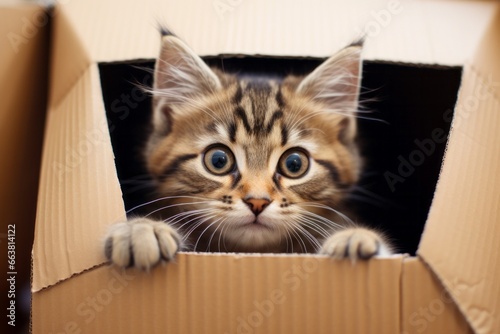 Cute funny cat in a cardboard box. AI generative © tiena