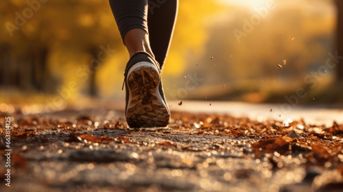 Healthy lifestyle. Legs of man in sport shoose taking run on warm autumm day photo