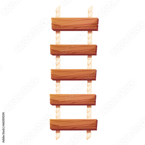 Wooden ladder with rope, planks hanging, staircase in cartoon style isolated on white background, Bridge, game road.