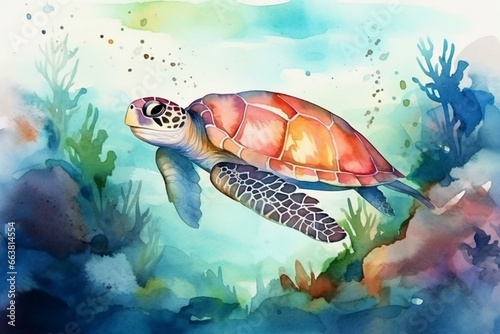 Watercolor illustration of adorable sea turtle in marine habitat. Generative AI © Eudora
