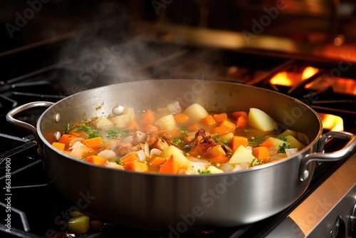 a simmering pot of vegetable soup on a stove