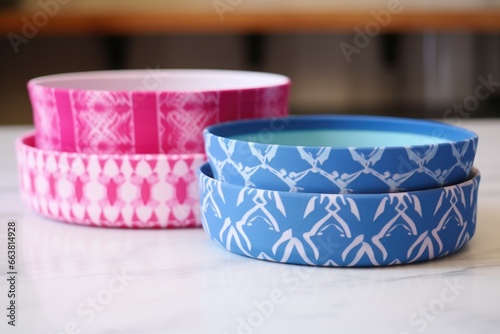 side by side blue and pink decorated pet bowls