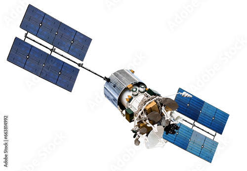 Modern telecommunication satellite isolated on transparency background. PNG format photo