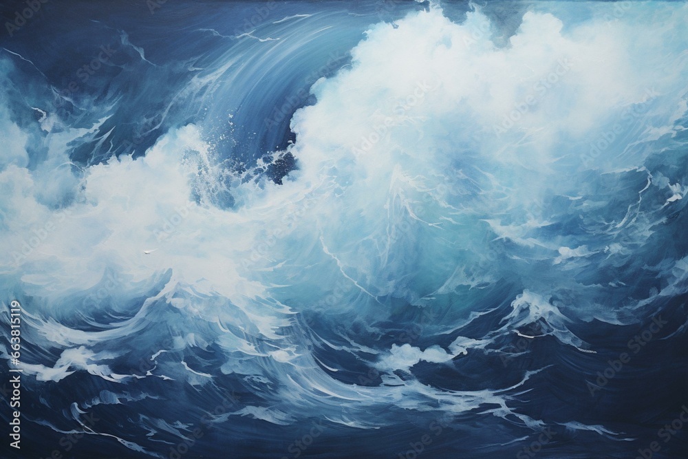 Abstract wave painting with blue and white colors, set against a black background with a white border. Clouds and ocean depicted. Generative AI