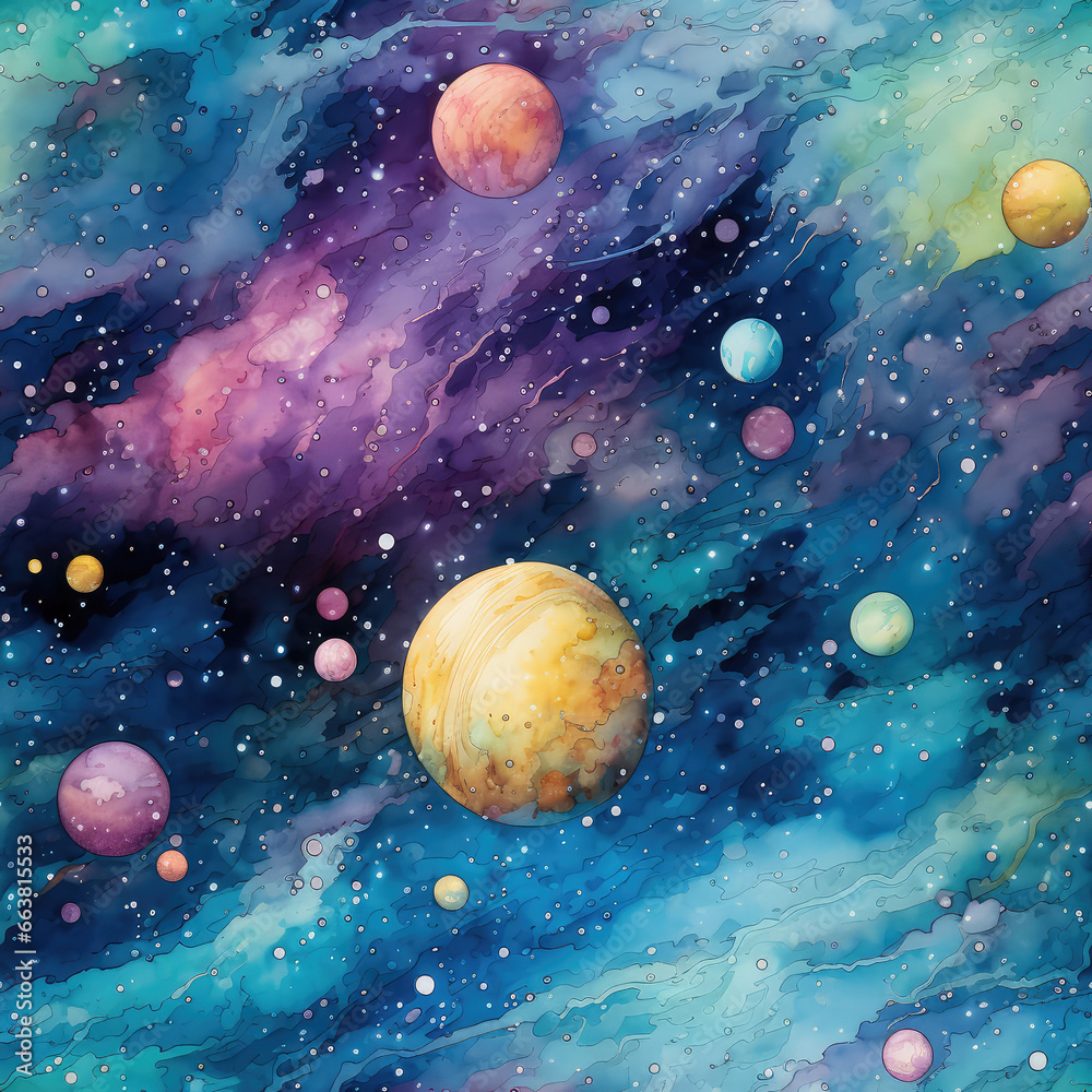 Watercolor galaxy colorful art repeat pattern
