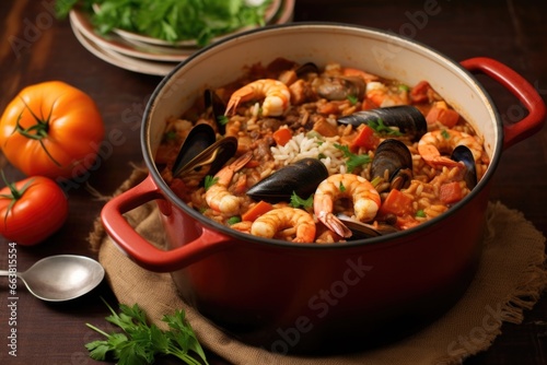 a pot of jambalaya with shrimps, mussels, and squid