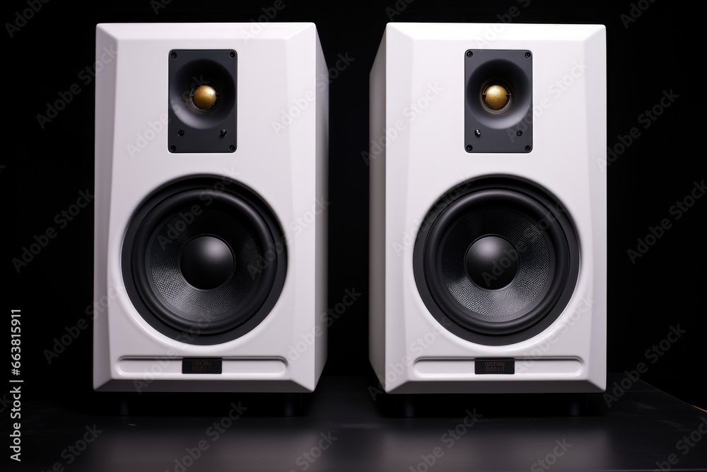 a pair of white studio speakers on a black background a pair of white studio speakers on a black background
