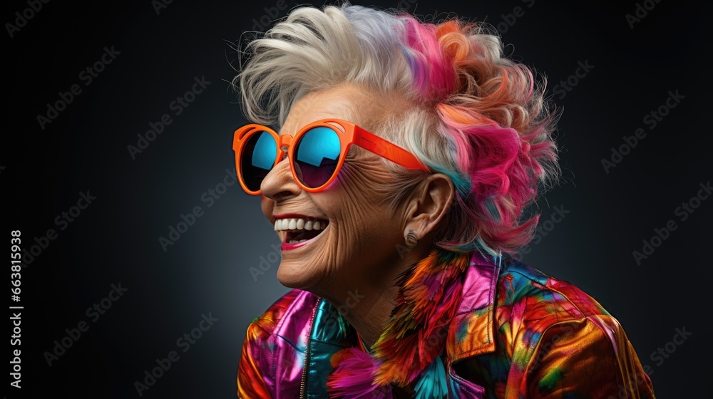 elderly women in colorful neon outfit, funny sunglasses and extravagant style, laughing and smiling, trendy grandma posing in studio