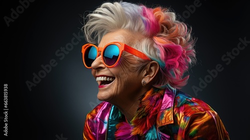 elderly women in colorful neon outfit, funny sunglasses and extravagant style, laughing and smiling, trendy grandma posing in studio