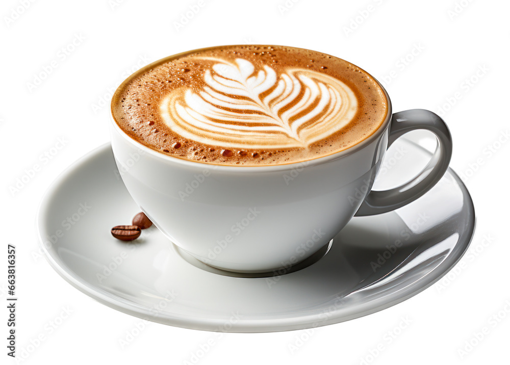 Eine Tasse Capuccino vor transparentem Hintergrund, Generative AI