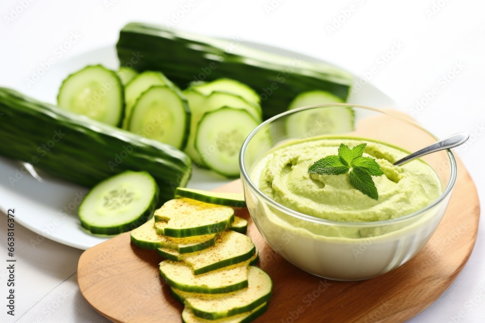 slices of cucumber and a bowl of hummus on a light coffee table slices of cucumber and a bowl of hummus on a light coffee table