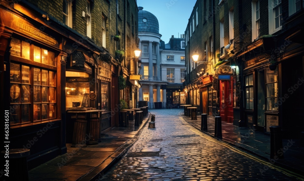 After work, the streets of London come alive with the vibrant energy of its dark places and bars. - obrazy, fototapety, plakaty 