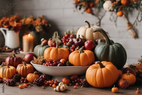 Bright background with beautiful thanksgiving decorating Pumpkins with fruits flowers vegetables