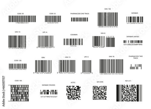 Set of 21 random bar codes and qr codes - vector bar code template mockup for design photo