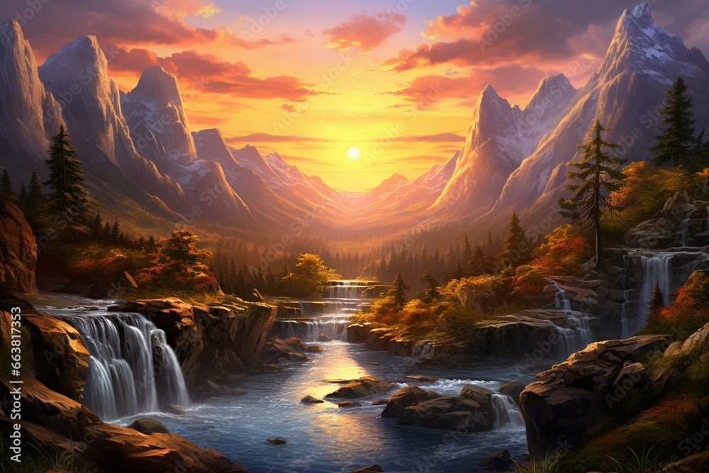 Gorgeous sunset in mountains with waterfall. Generative AI