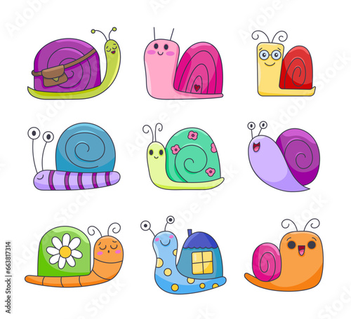 Cute snails characters. Funny insects. Decorative mollusk with hearts and flowers. Hand drawn style. Vector drawing. Collection of design elements.