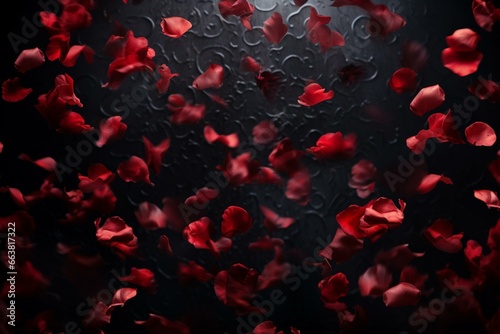Falling red rose petals on black, blurred background with top-right lighting creating volumetric effect. Generative AI