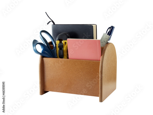 desk organizer with office supplies and stationery isolated on transparent photo