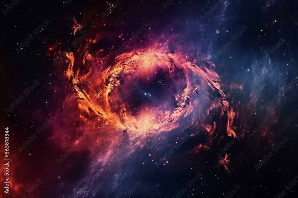 Vibrant swirling galaxy rings rotate in a fiery nebula universe. Generative AI