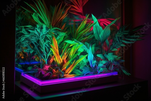 Fluorescently lit tropical foliage encased in neon frame. Generative AI photo