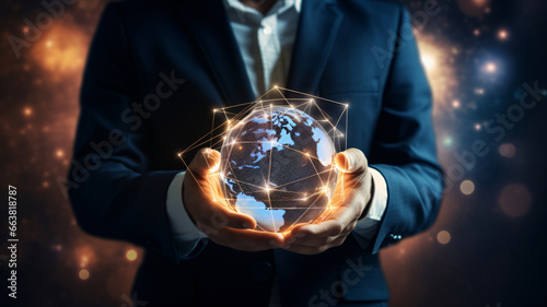 Businessman holding a glowing earth globe in his hands. 