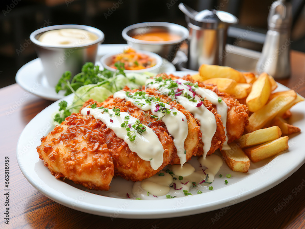 Schnitzel Cordon Bleu, mit Käse und Schinken gefüllt, angerichtet auf einem Teller, Generative AI Schnitzel Cordon Bleu, mit Käse und Schinken gefüllt, angerichtet auf einem Teller, Generative AI