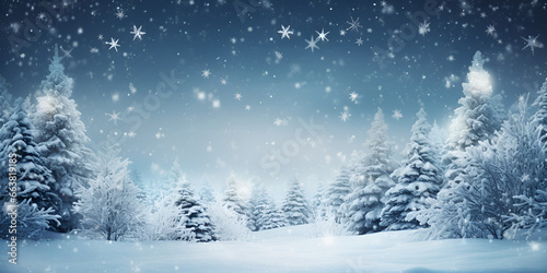 Winter Christmas background at night, Snowy landscape with falling snowflakes, A serene winter landscape with snowcovered trees and a gentle falling snow, generative AI    © Chanda