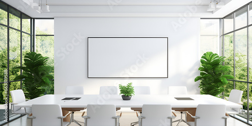 Rendering Conference Room ,Office interior with table and chairs palnts on modern room meeting ,Modern sunny meeting room on high floor with great city view white conference GENERATIVE AI photo