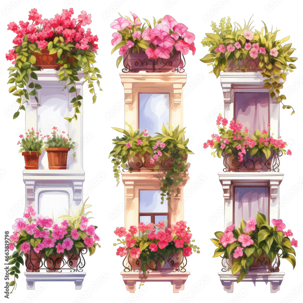 European balcony window with flowers