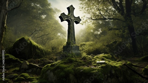 Old overgrown cemetery grave with a weather worn stone cross covered in green moss tombstone, dimly lit and hidden in remote part of the misty woods.