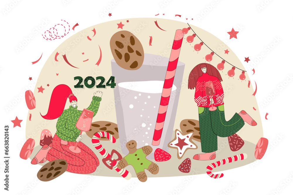 Naklejka premium vector illustration on the theme of Christmas and New Year in flat style. Vector illustration with people celebrating New Year in flat style. Christmas 2024