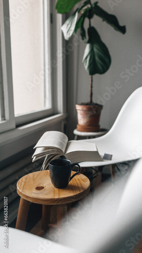 Close-up view of green ficus lyrata, cup of coffee and book on table indoors with natural morning light coming from the window
