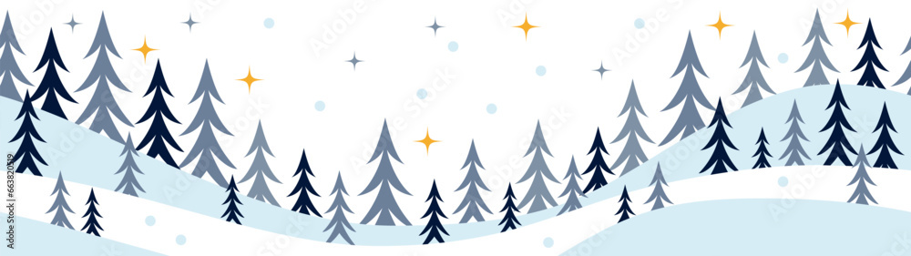 Obraz premium Vector winter, Christmas season landscape. Long background or banner with spruce, fir or noel tree, stars and snow