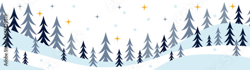 Vector winter, Christmas season landscape. Long background or banner with spruce, fir or noel tree, stars and snow