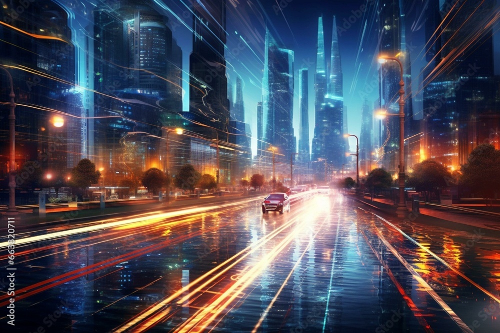 A futuristic smart city with high-speed light trails. Generative AI