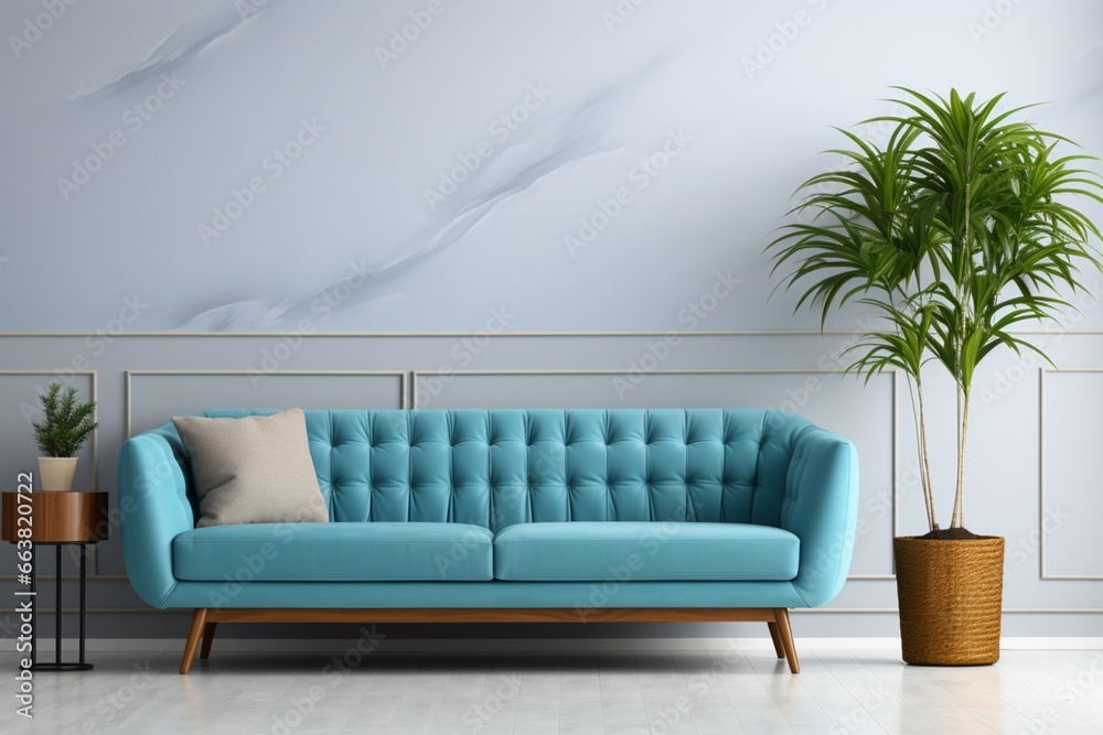 Chic empty living room with a blue sofa, plants, and a table on an empty white wall background, offering a clean and sophisticated design Chic empty living room with a blue sofa, plants, and a table on an empty white wall background, offering a clean and sophisticated design