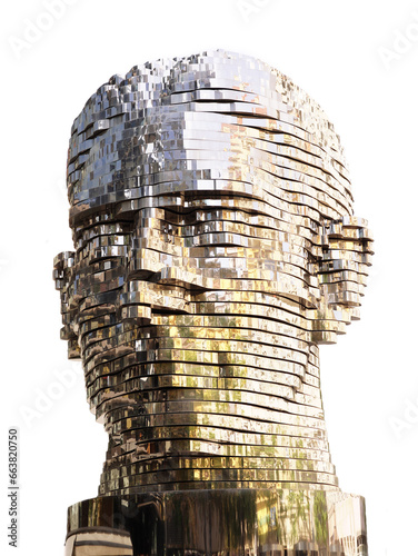 Prague Kafka's head. Prague, Czech Republic, September 2023: sculpture in the form of the head of the German-speaking writer Franz Kafka by David Czerny. Installation isolated on white background photo