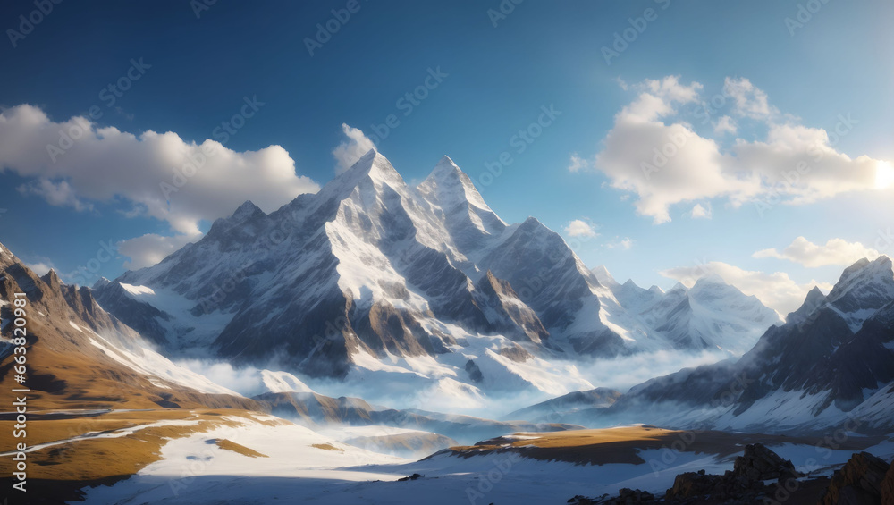 Snowy mountain and bright sky